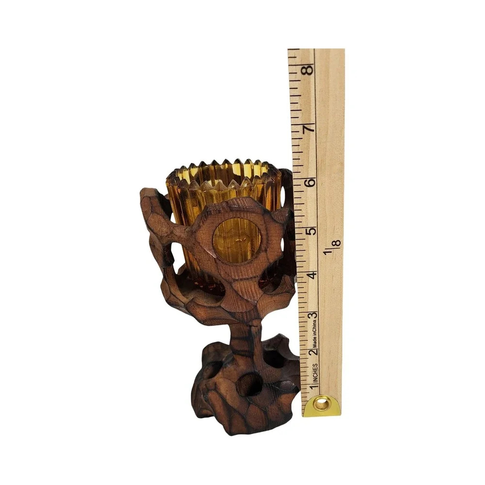 Vintage Hand Carved Brutalist Wood‎ Candle Holder Amber Glass Votive MCM 6.5in